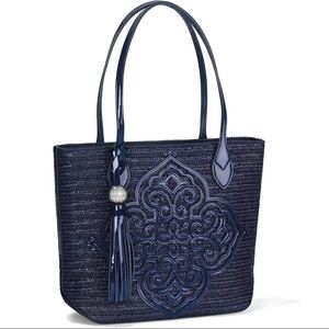 Brighton Navy Straw and Patent Leather Handbag